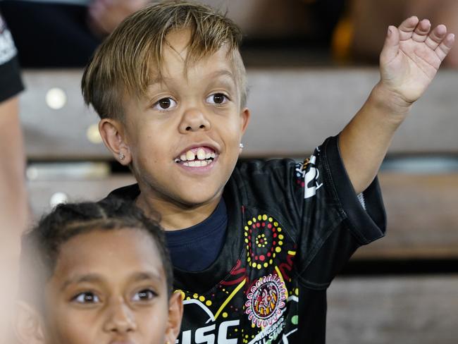 Quaden Bayles, (9), poses for a photograph during the NRL Indigenous All-Stars vs Maori Kiwis match at CBus Super Stadium on the Gold Coast, Saturday, February 22, 2020. Bayles who lives with Achondroplasia, a common form of dwarfism, was invited to lead the Indigenous All Stars onto CBUS stadium after after a video posted by his mother about his bullying went viral. during the NRL Indigenous All-Stars vs Maori Kiwis match at CBus Super Stadium on the Gold Coast, Saturday, February 22, 2020 (AAP Image/Dave Hunt) NO ARCHIVING, EDITORIAL USE ONLY