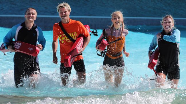 Wet'n'Wild to reopen from Wednesday. Lifeguards Joshua Biscoe, Drewe Moore, Jade Vorias and Maddison Bailey do some last minute training in the Wave Pool . Picture Glenn Hampson