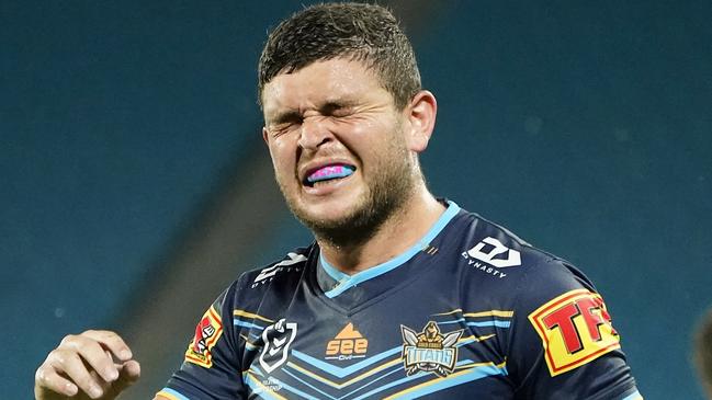 Ash Taylor of the Titans reacts during the Round 2 NRL match between the Gold Coast Titans and the Parramatta Eels at CBus Super Stadium on the Gold Coast, Sunday, March 22, 2020. (AAP Image/Dave Hunt) NO ARCHIVING, EDITORIAL USE ONLY