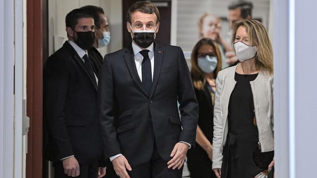 French President Emmanuel Macron, centre, in Tours, central France. Picture: AFP