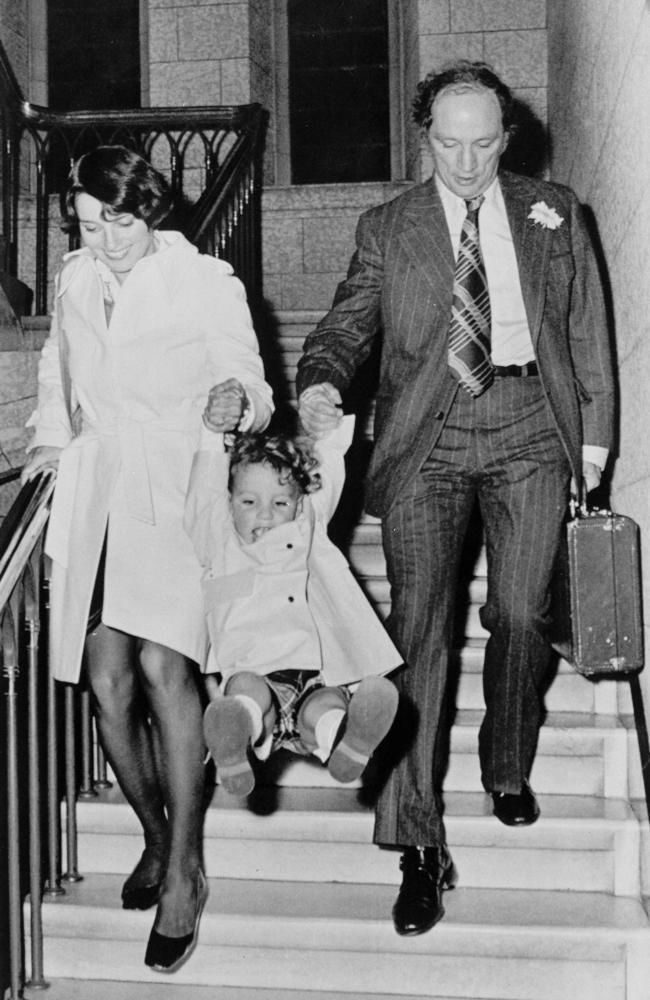 Canadian prime minister Pierre Trudeau with his wife Margaret, and their young son Justin in 1974. Picture: AP