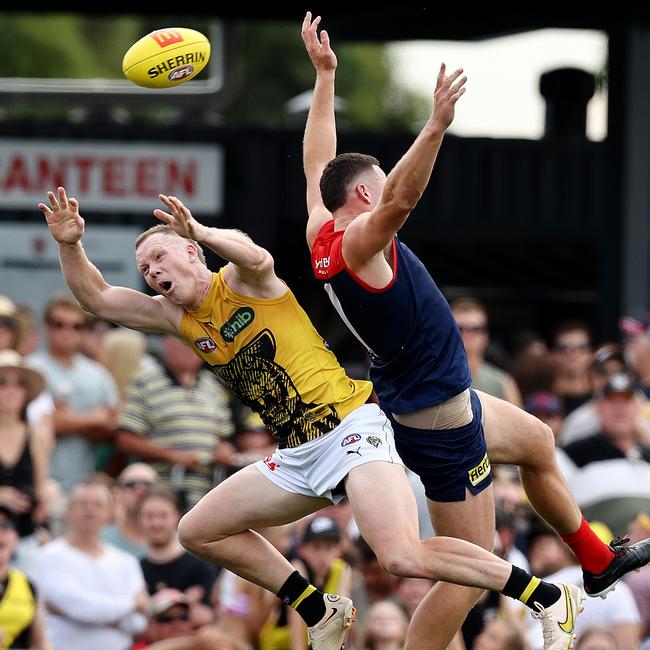 Steven May and Jack Riewoldt collide midair. Picture: Michael Klein.