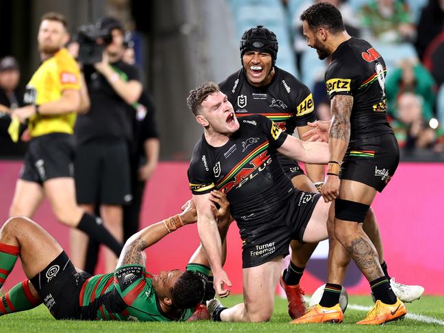 Liam Martin celebrates scoring a try for the Panthers. Picture: Cameron Spencer/Getty Images