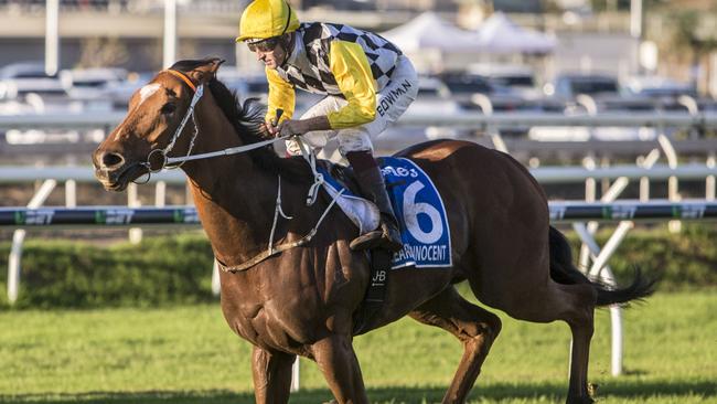 Jockey Hugh Bowman riding Clearly Innocent (6) wins the Group 1 Darley Kingsford-Smith Cup during the Darley Kingsford Smith Cup Day, formerly BTC Cup Day, at Eagle Farm Racecourse in Brisbane, Saturday, May 27, 2017. (AAP Image/Glenn Hunt) NO ARCHIVING, EDITORIAL USE ONLY