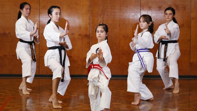 Fudoshin Shitoryu Karate classes have begun again at Cairns State High School, after a strict COVID Safe plan was implemented. Students Mikoto Nomura, 16, Cocona Sakamoto, 15, Kairi Scott, 7, Saya Jinno, 10 and Katelyn Row, 16. PICTURE: BRENDAN RADKE