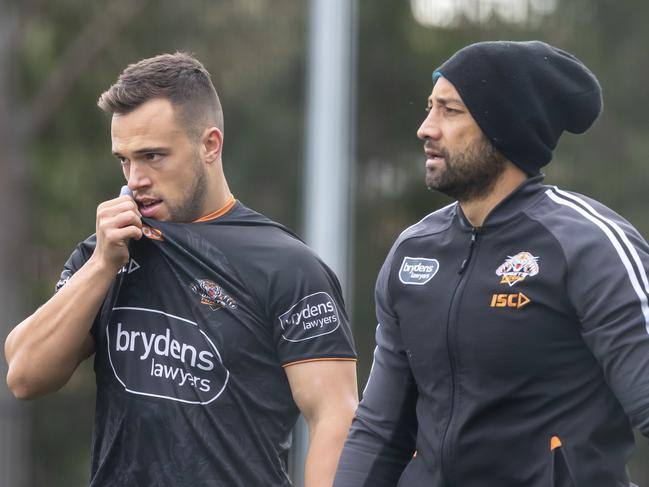 Luke Brooks and Benji Marshall during a Wests Tigers NRL training session at St Lukes Park North in Sydney, Tuesday, June 2, 2020. (AAP Image/Craig Golding) NO ARCHIVING