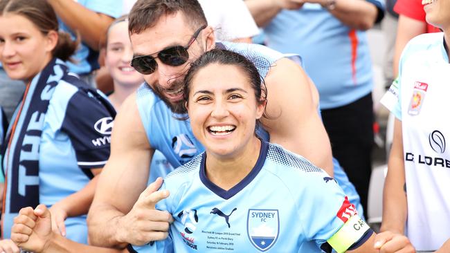 Teresa Polias of Sydney FC celebrates with fans after the grand final win. Picture: Getty Images