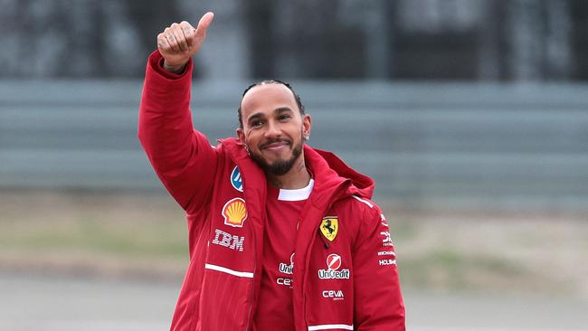 Hamilton waves to his new fans at the Fiorano Circuit on February 19 2025 in Fiorano Modenese, Italy. Photo: Emmanuele Ciancaglini/Getty Images