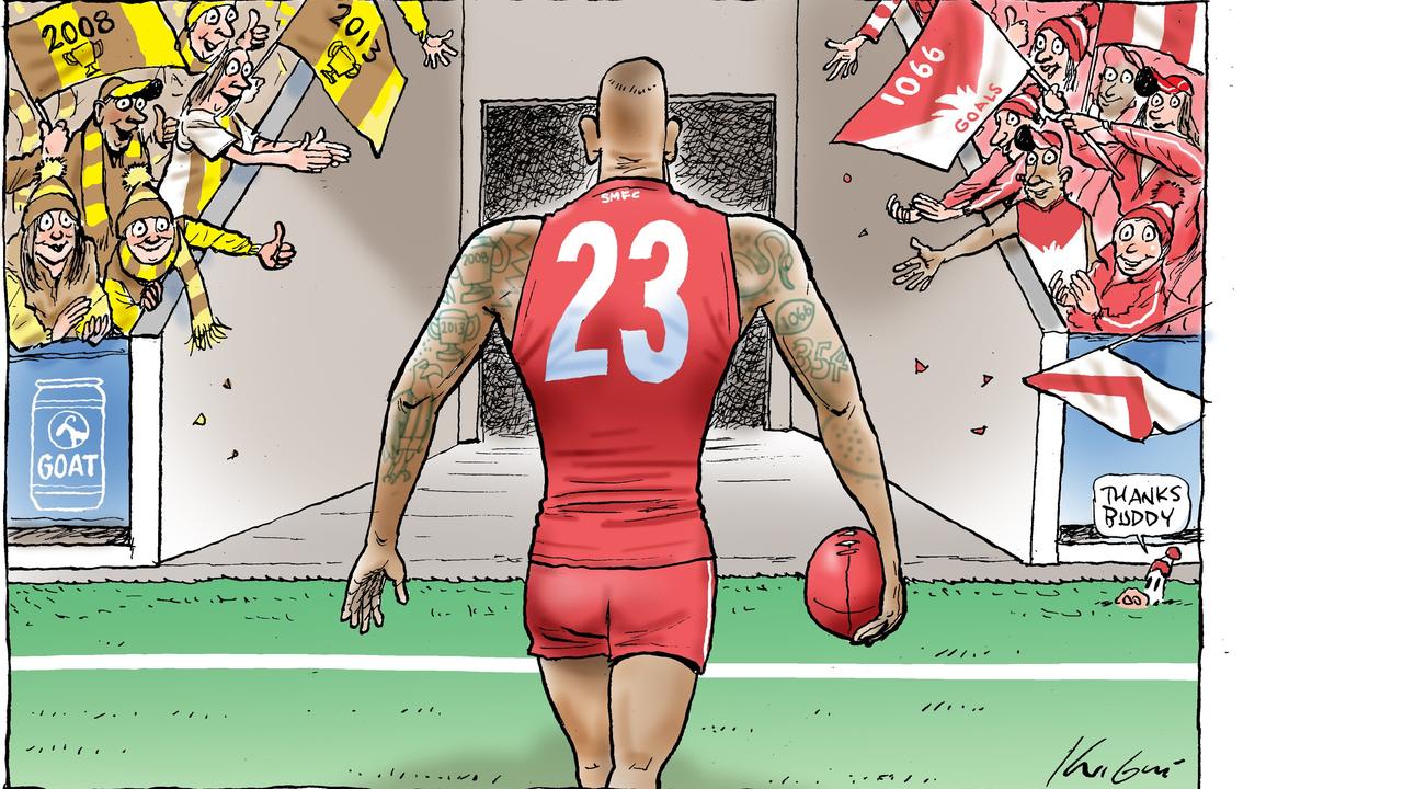 Cartoonist Mark Knight fondly farewells Buddy Franklin, whose greatest sporting moments will live on in the annals of AFL history long after the man has left the ground. Picture: Mark Knight