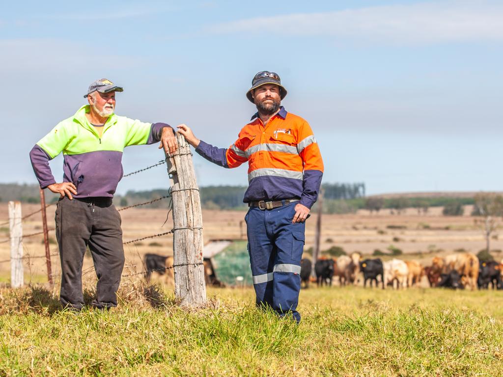 Yarraman beef producer/graingrower/peanut farmer Bill Holmes with son Bryce Holmes. Picture: David Martinelli