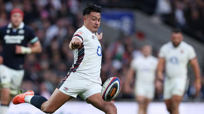 Marcus Smith of England kicks the ball upfield during the Guinness Six Nations 2025 match between England and Scotland. Photo by David Rogers/Getty Images