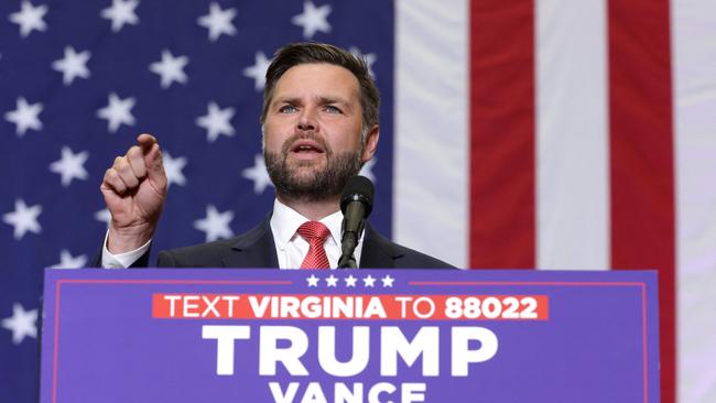 Republican vice-presidential nominee, JD Vance speaks at a campaign rally at Radford University, Virginia.