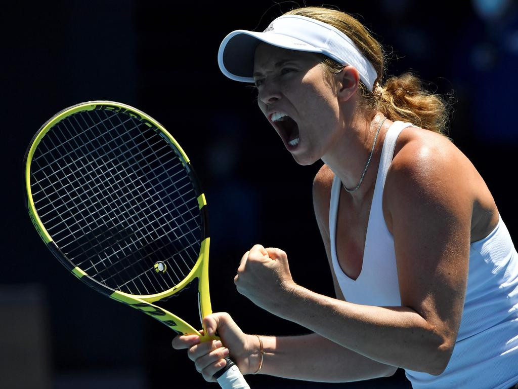 Danielle Collins of the US reacts while playing against Belgium's Elise Mertens during their women's singles match on day eight of the Australian Open. Picture: Paul Crock / AFP