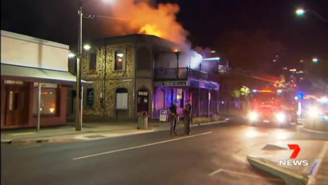 A fire tore through the top of the Hotel Wright Street. Picture: 7NEWS