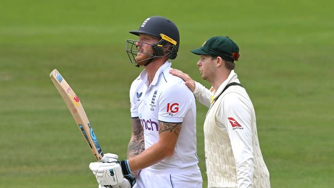 England cricket captain Ben Stokes is consoled by Australia’S Steve Smith. Picture: Stu Forster/Getty Images