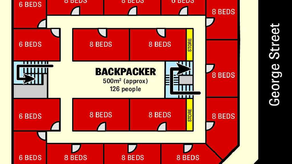FLOORPLAN: A plan of the top floor (left) of the 126-bed hostel approved for land opposite Hinkler Central (above).