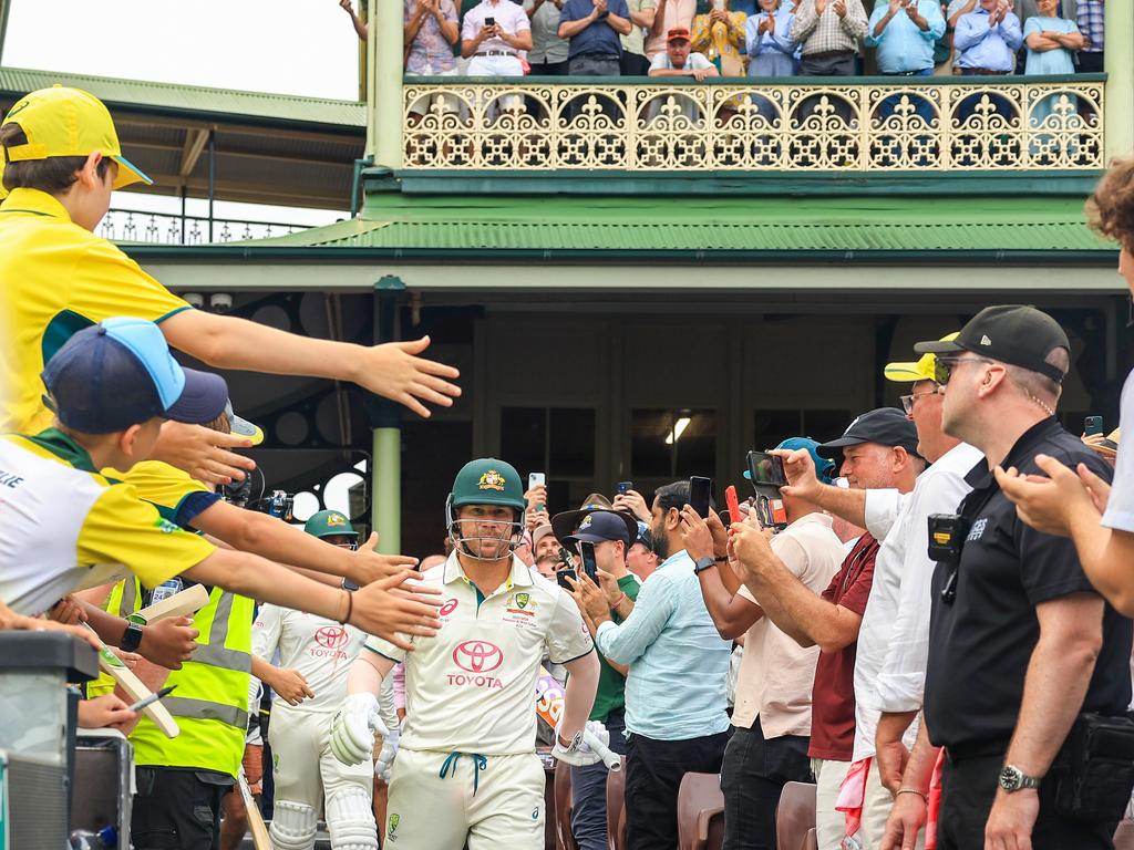 David Warner heads out to bat for what could be his last Test innings. Picture: Mark Evans/Getty Images