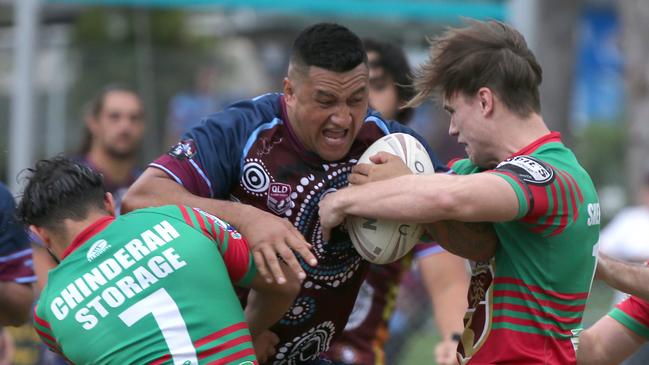 Shearers skipper Jesse Malcolm takes a hit-up against Bilambil. Picture: Mike Batterham