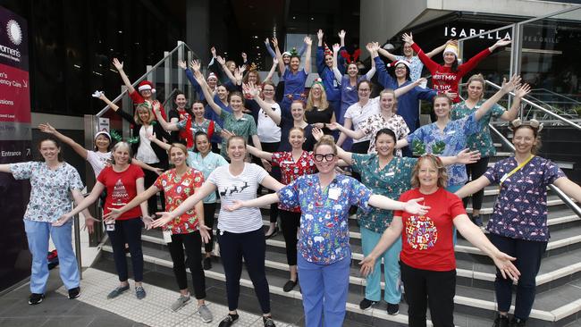 Maternity ward nurses and midwives together celebrate the end of 2020. Picture: David Caird