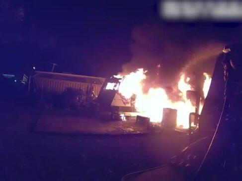 Video shows the moment a caravan was destroyed by a fire