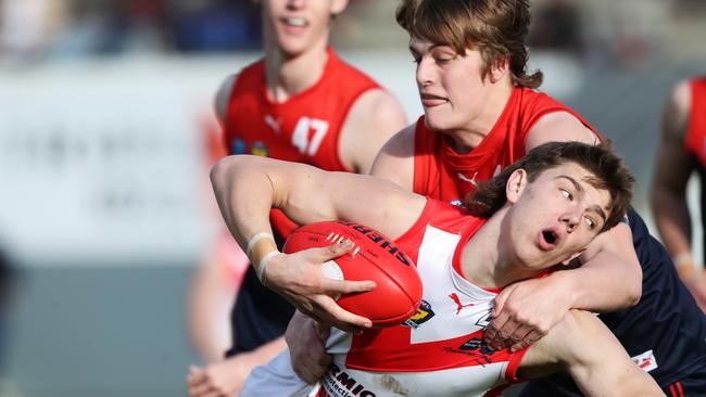 Football. Tasmanian State League. North Hobart V Clarence. Baker Smith Clarence and Keegan Ryan North Hobart. Picture: Nikki Davis-Jones