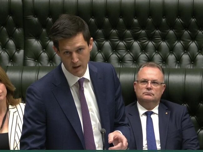 Rory Amon, the state Liberal MP for Pittwater, speaking in NSW parliament on Thursday, on his Private Members Bill designed to halt the push for oil and gas exploration off the northern beaches. Picture: Supplied