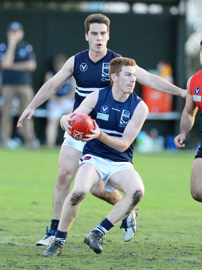 Zac Parson of Old Grammarians looks for options against Old Brighton. Picture: Richard Serong.