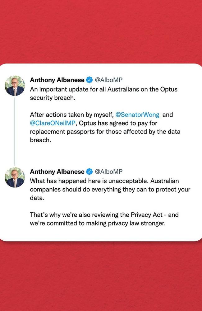 Prime Minister Anthony Albanese on the Optus Breach, October 1. Picture: Instagram