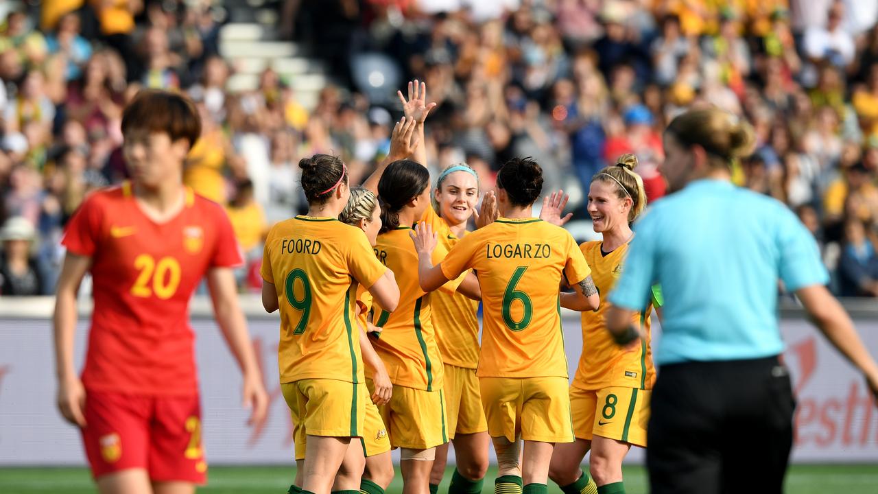 The Matildas celebrate a Sam Kerr goal on November 26, 2017 at GMHBA Stadium. Picture: AAP Image/Joe Castro.