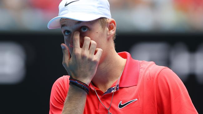 Denis Shapovalov feels the strain in his first-round encounter. Picture: Getty Images