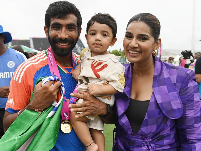 Jasprit Bumrah and his wife Sanjana Ganesan and son Angad. Picture: Philip Brown/Getty Images