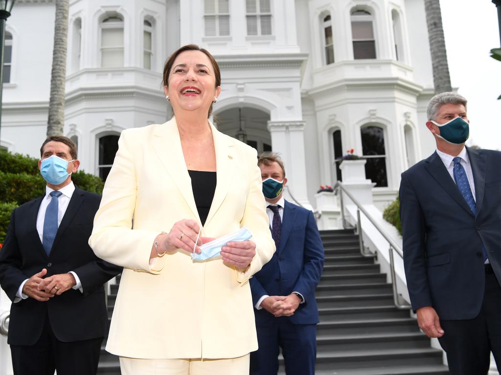 Premier Annastacia Palaszczuk at Government House flanked by her fellow ministers with new responsibilities for the Brisbane 2032 Olympics. Picture: Dan Peled/NCA NewsWire