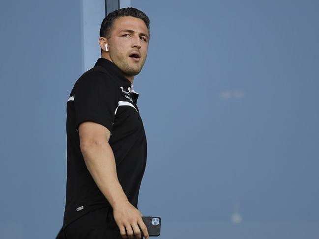 TOWNSVILLE, AUSTRALIA - AUGUST 15: Sam Burgess of the Rabbitohs looks on before the start  the round 14 NRL match between the North Queensland Cowboys and the South Sydney Rabbitohs at QCB Stadium on August 15, 2020 in Townsville, Australia. (Photo by Ian Hitchcock/Getty Images)