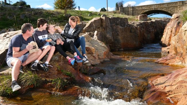 The Matassonis, Marty, Jo, Caleb, 11 and Finlay, 9, visit Beechworth with treats from the Beechworth bakery. Picture: Simon Dallinger.