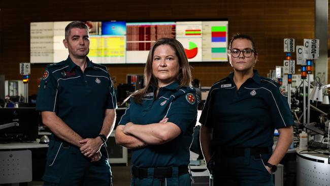 Team leader of the clinical hub at QAS headquarters in Kedron Jessica Patch alongside operations supervisors Matthew Bidgood and Kirily Leyman. Picture: Zak Simmonds