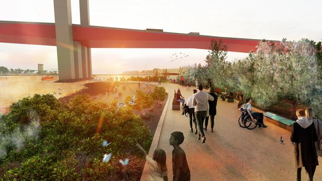 A render of the Greenline project at Collins Whalf near the Bolte Bridge. Picture: Supplied.