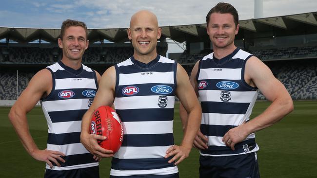 Patrick Dangerfield with Gary Ablett and Joel Selwood. Picture: Michael Klein