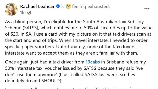 Rachael Leahcar took to Facebook to lobby for a national scheme after being forced to pay full price for a taxi ride. Photo: Facebook