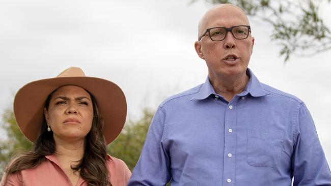 Opposition Leader Peter Dutton and Senator Jacinta Price on ANZAC Hill in Alice Springs on Thursday. Picture: Liam Mendes/The Australian