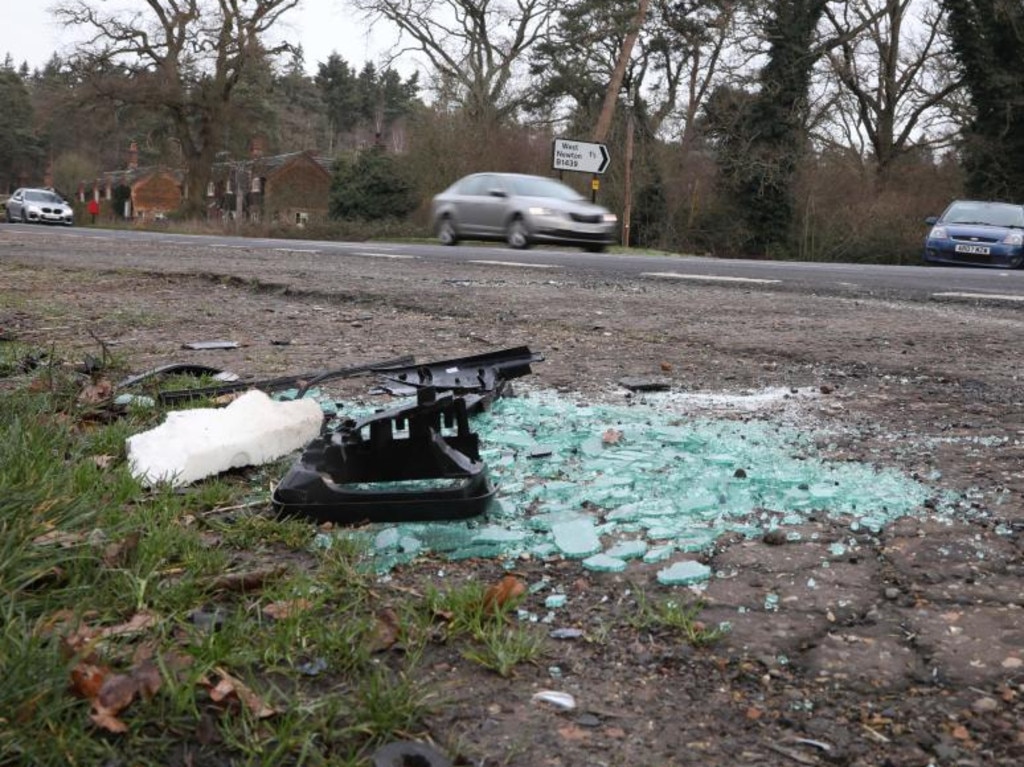 Broken glass left at the scene following Prince Philip’s crash.