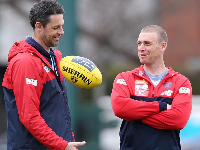 Melbourne training at Gosch's Paddock.  Melbourne coach Simon Goodwin with assistant coach Jade rawlings   . Pic: Michael Klein