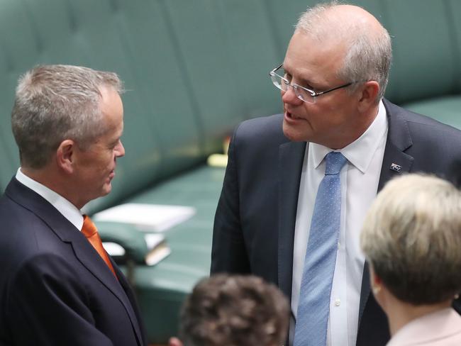 Bill Shorten and PM Scott Morrison before being sworn in at the start of the 46th Parliament, in the House of Representatives Chamber, at Parliament House in Canberra. Picture Kym Smith