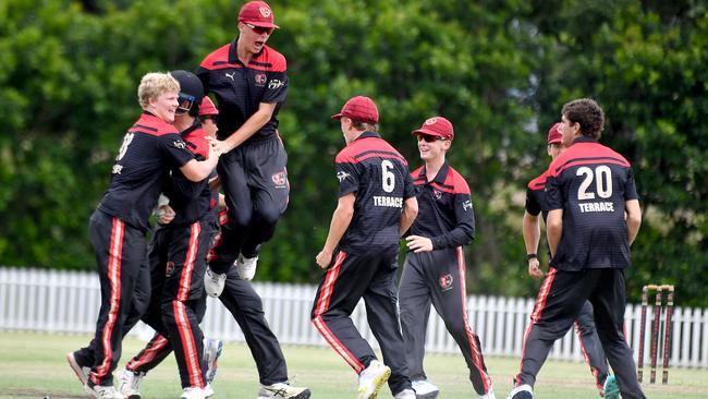 Terrace celebrate a win GPS First XI cricket between Terrace and Ipswich Grammar School Saturday February 1, 2025. Picture, John Gass