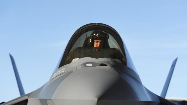 A pilot sits in the cockpit of an F-35 fighter jet preparing for a training mission. The entire force of 55 training F-35’s at Luke Air Force Base in Arizona — where Australia’s trainee pilots and test aircraft are based — have been grounded. Picture: US Dept Defense