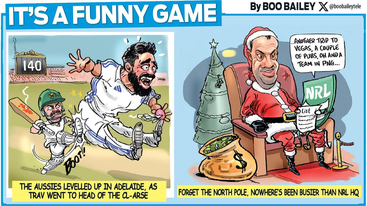 Boo Bailey's Christmas Sport Confidential cartoon. Art: Boo Bailey