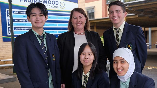 Prariewood High School principal Belinda Giudice (centre) has won a prestigious Harvard Principals Scholarship. Back row (l-r) Jacky Tran, Johnny Stamiris. Bottom row: Chloe Phan, Ruby Fanoosh. Picture: Kim Kohen