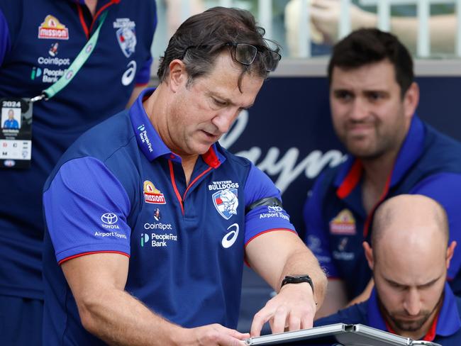 MELBOURNE, AUSTRALIA – MARCH 17: Luke Beveridge, Senior Coach of the Bulldogs is seen at three quarter time during the 2024 AFL Round 01 match between the Melbourne Demons and the Western Bulldogs at the Melbourne Cricket Ground on March 17, 2024 in Melbourne, Australia. (Photo by Dylan Burns/AFL Photos via Getty Images)