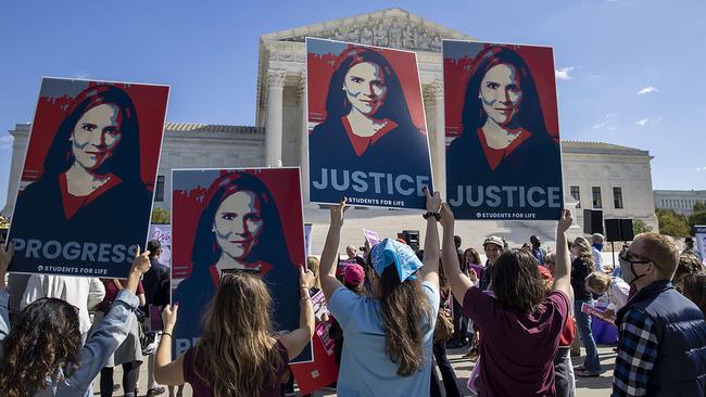 Supporters of Judge Amy Coney Barrett outside the Supreme Court in Washington over the weekend. Picture: AFP