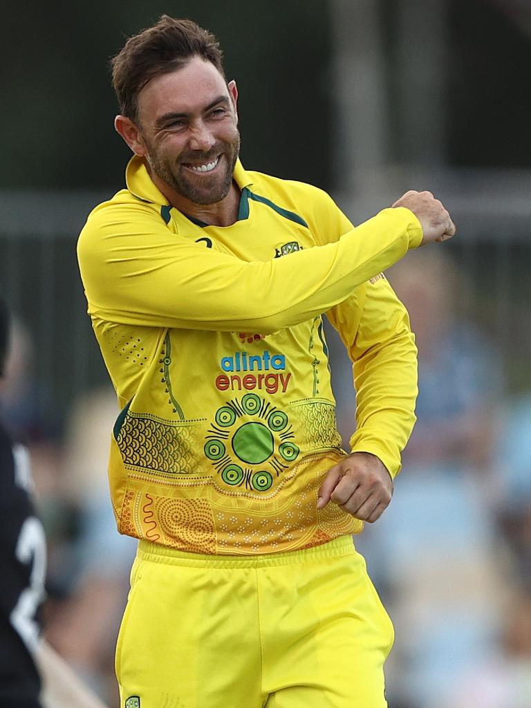 Glenn Maxwell celebrates a wicket in Cairns against New Zealand.