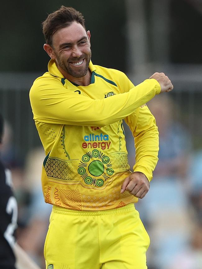 Glenn Maxwell celebrates a wicket in Cairns against New Zealand.